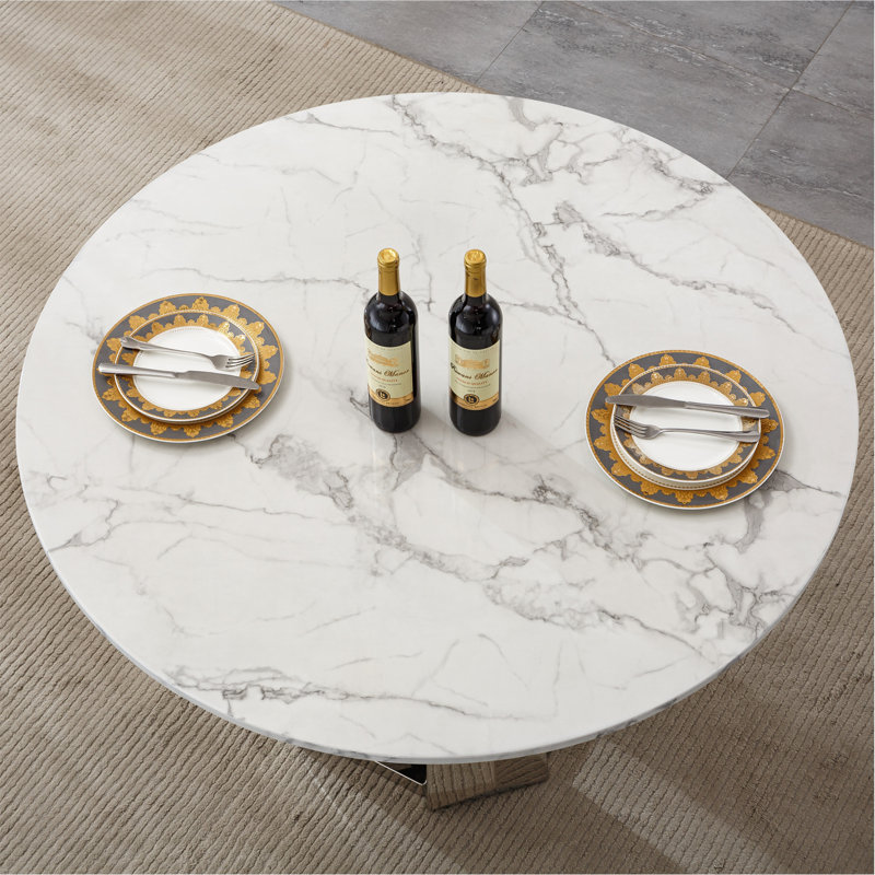 Table de salle à manger ronde en marbre de 47 po, table de cuisine moderne avec plateau en faux marbre ultrabrillant et base en acier inoxydable pour la salle à manger, cuisine (table seulement)