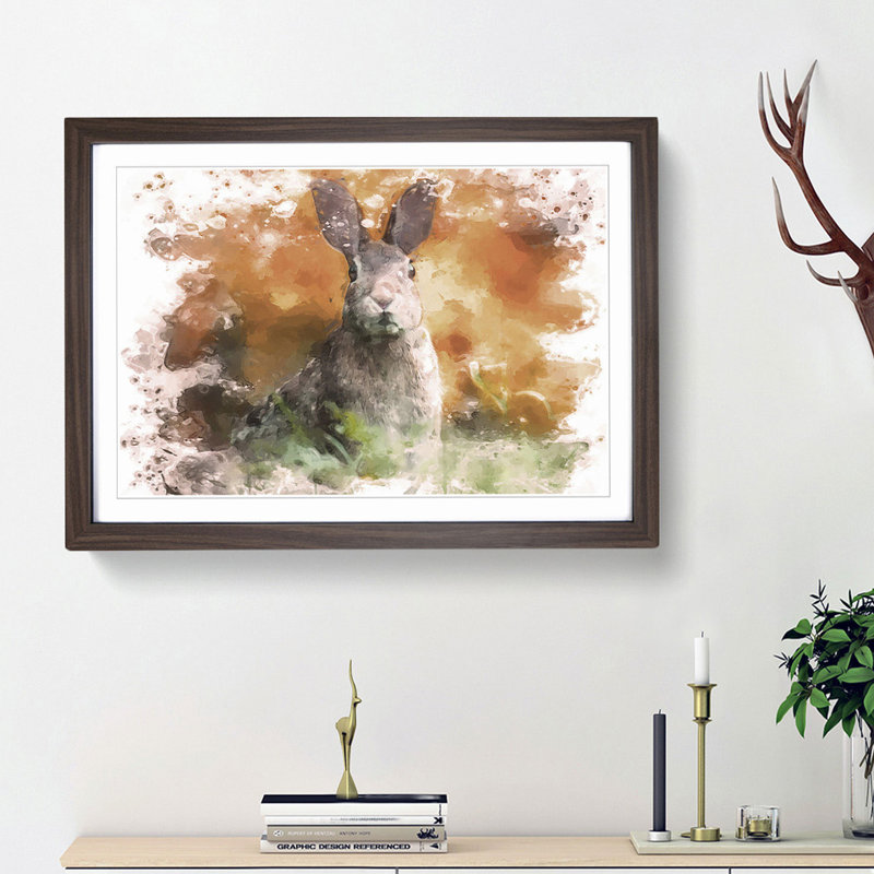 Hare in a Meadow in Abstract - Picture Frame Painting Print, 36cm H x 48cm W x 2cm D, Walnut Framed