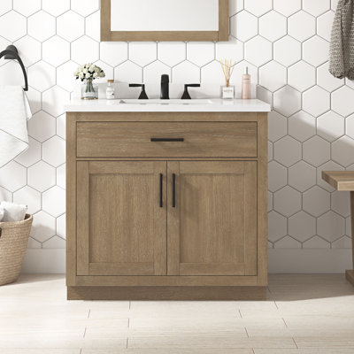 Bailey 36 in. Single Sink Freestanding Driftwood Oak Bathroom Vanity with White Stone Top, Backsplash, Matte Black