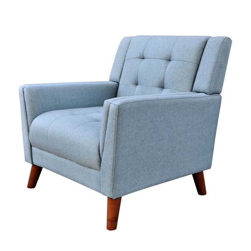 Fauteuil avec revêtement bleu, pieds en bois de bouleau, détails, ressort sinueux, 32,95 po Hauteur de l'emballage, jusqu'à 300 lb Habitation avec revêtement en bleu, repose-pieds, conception, rembourrage en mousse, largeur de 31 po,