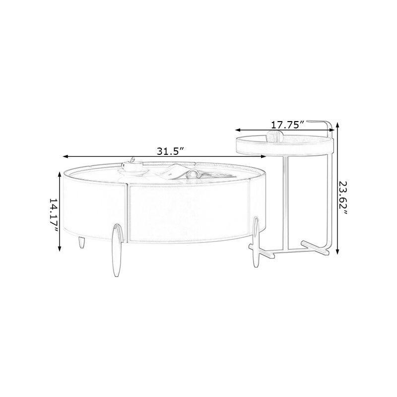 Table basse ronde avec plateau en pierre frittée et base en cuir, H 23,62 po x l 51,18 po x P 31,5 po, Brun et noir