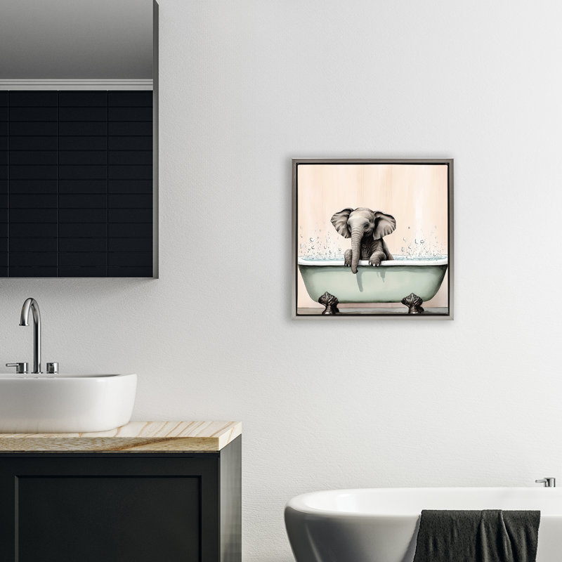 Cadre flottant Baby Elephant Bathtime, design par Sasha, Cadre flottant gris lustré, H 18 po x l 18 po