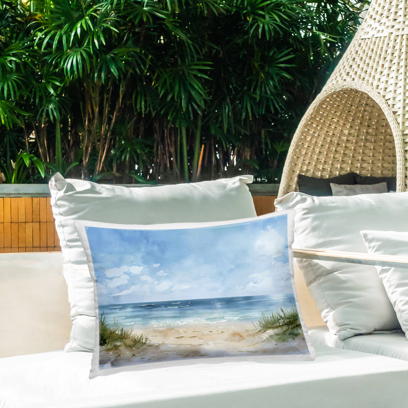 Coussin d'extérieur imprimé Serene Summer Beachscape, design Creative Studio, Bleu nautique et plage 35