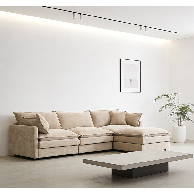 3-Seater Comfy Cloud Couches With Movable Ottoman, Coffee