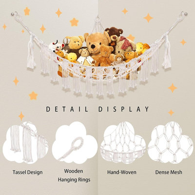 Stuffed Animal Hammock Corner Plushie Net with LED Light, Jumbo Macrame Toy Storage Organizer, Hanging Corner Net with Wooden Rings and Tassels, White