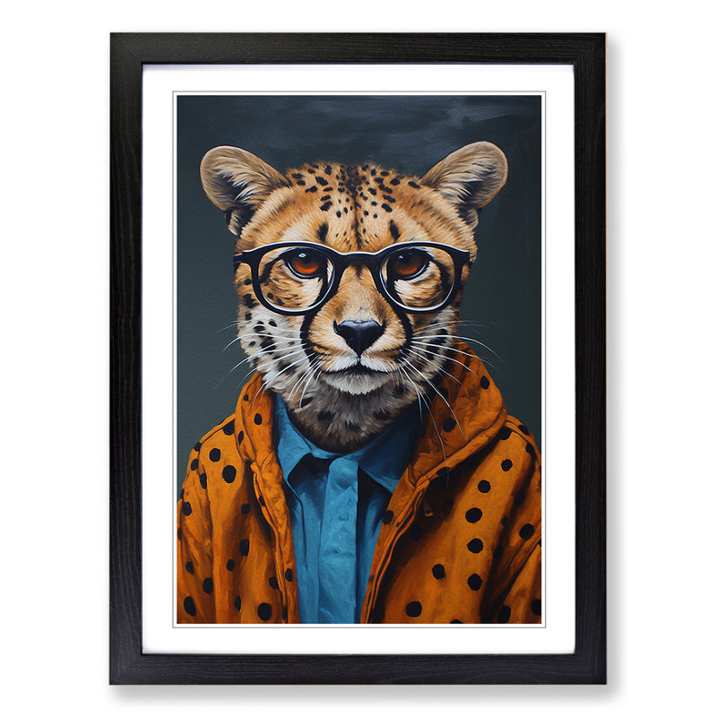 Cheetah With Glasses - Single Picture Frame Print on Wood, Black , 46cm H x 34cm W x 2cm D