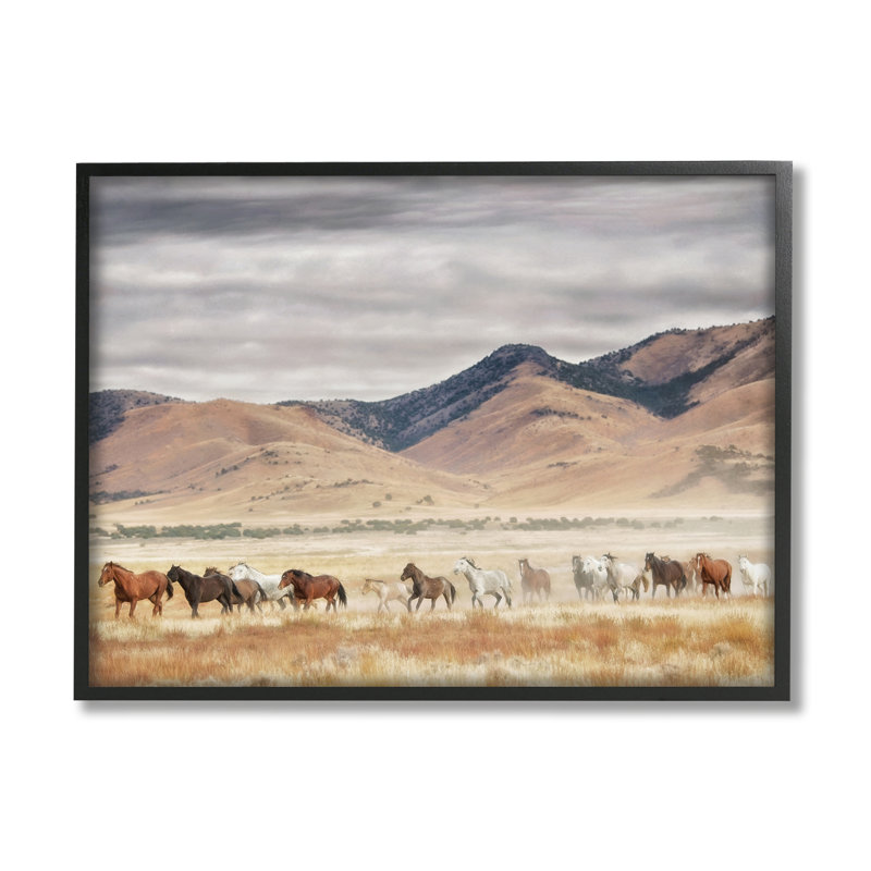 Chevaux sauvages parcourant un paysage occidental XXL, estampe numérique encadrée par PH Burchett, H 30 po x l 24 po