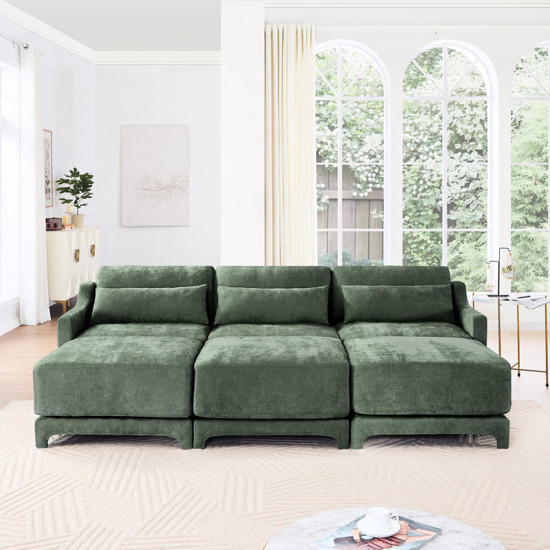 Chenille à trois places avec 3 repose-pieds mobiles, dossier ergonomique, coussins, capitonnage unique en chenille, coussin lombaire assorti, fabrication, arrangement personnalisable