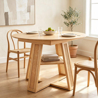 Table de salle à manger extensible ronde à ovale 110-150 cm, rallonge amovible et tablette de rangement, couleur naturelle