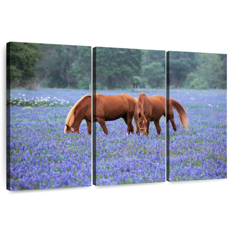 Brampt Horses Grazing Among Bluebonnets, 28" H x 45" W
