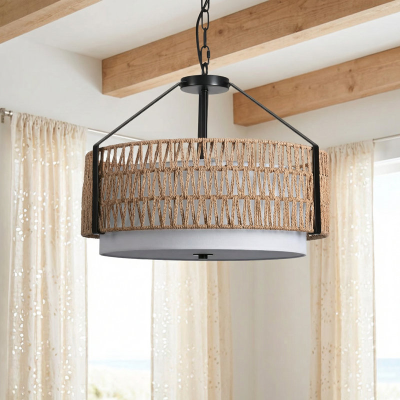 Lustre en rotin Boho, luminaire suspendu en rotin 19,7 po avec abat-jour en tissu, lustre de style maison de campagne 4 lumières pour salle à manger
