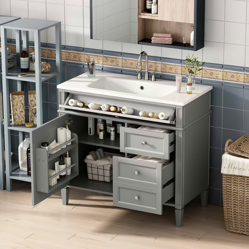 Meuble-lavabo de 36 po avec lavabo supérieur, meuble-lavabo moderne avec 2 tiroirs et tiroir escamotable, meuble-lavabo simple