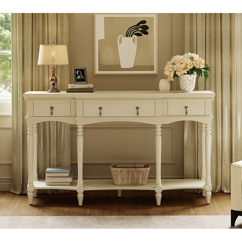 Traditional Retro Console Table with 3 Soft-Close Drawers & Bottom Shelf, Solid Wood Frame, Turned Roman Legs, Vintage Copper Handles, Blue