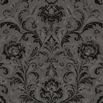Papier peint auto-adhésif mural gris foncé noir à motif damassé baroque floral orné de motifs botaniques rétro