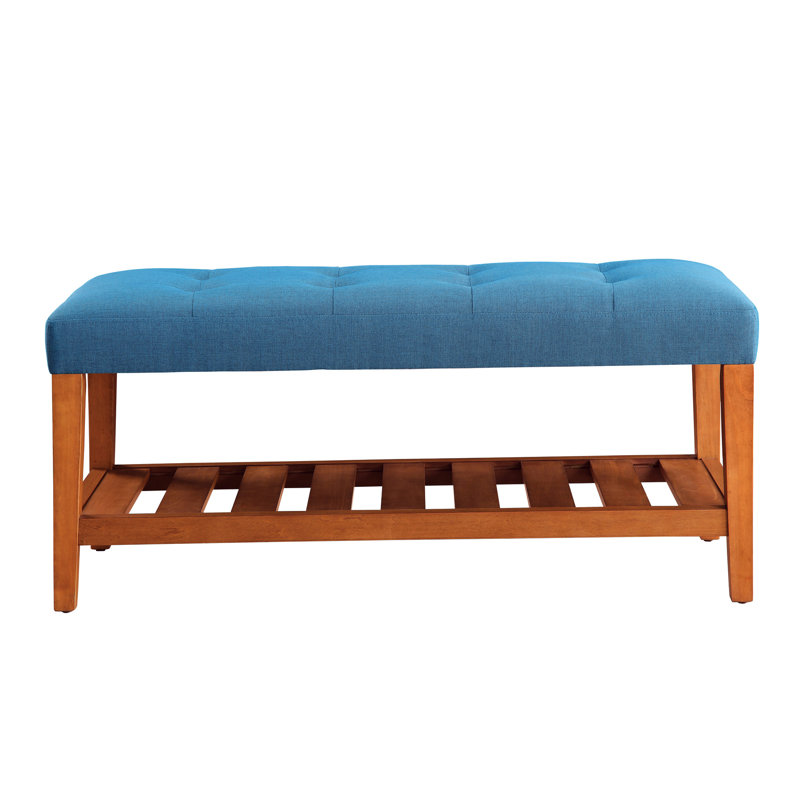 Banc en tissu et finition chêne Charla, Bleu clair