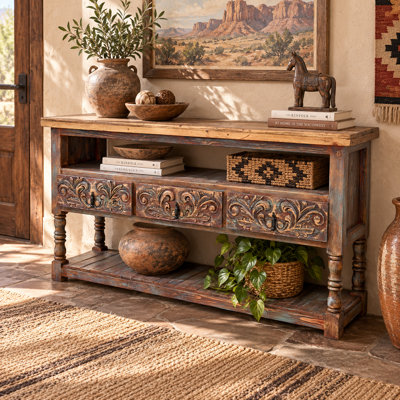 Adobe Bloom Hand-Carved 3-Drawer Rustic Console Table