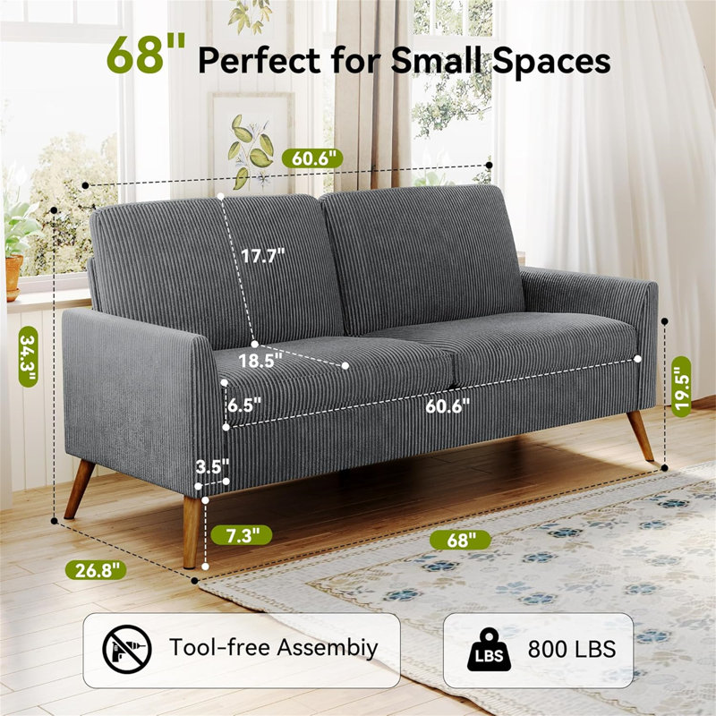 George Oliver 68" Loveseat Sofa, Comfy Corduroy Couches For Living Room, Dark Gray Corduroy