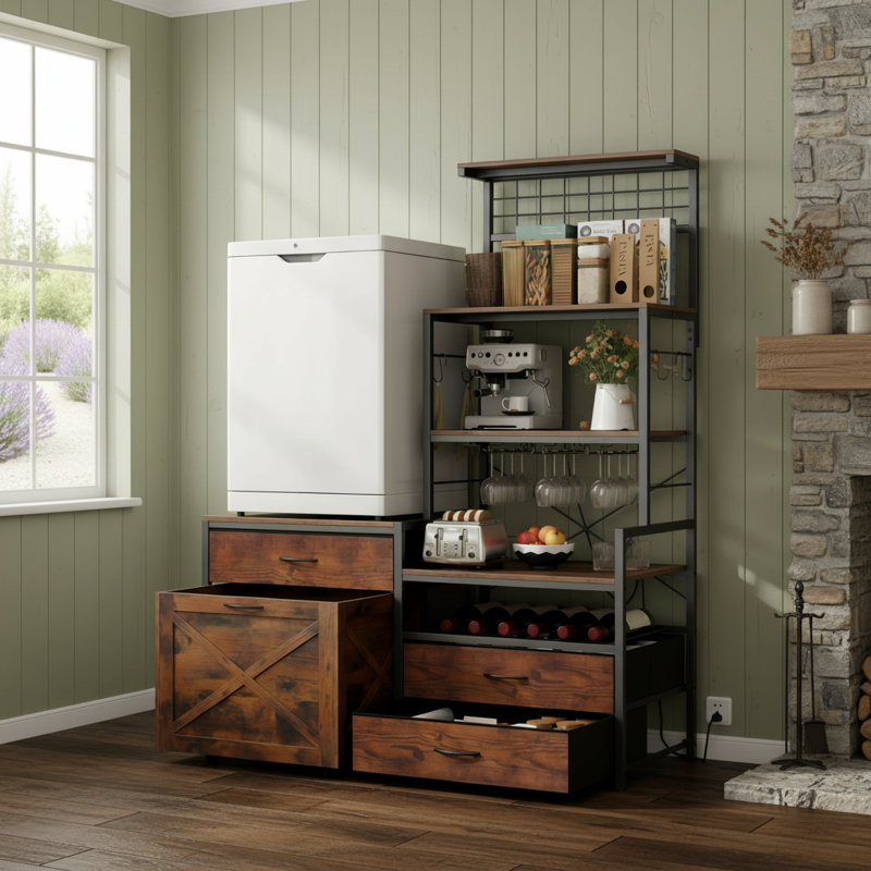 Includes A Mini Refrigerator Shelf, Baking Rack, And Adjustable Microwave/Refrigerator Shelf; Features A Power Outlet, Two Drawers, A Wooden Crate, And Wheels; All In One Storage Unit.