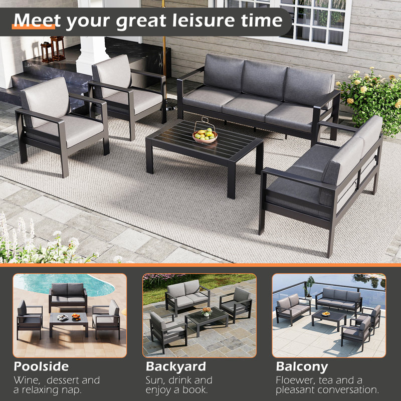 Conversation set with sofa for 4 people with cushions, Dark Gray, Black