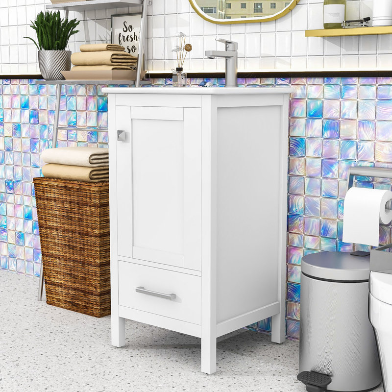 Meuble-lavabo compact compact avec porte à fermeture en douceur, rangement double couche et lavabo en céramique, Blanc
