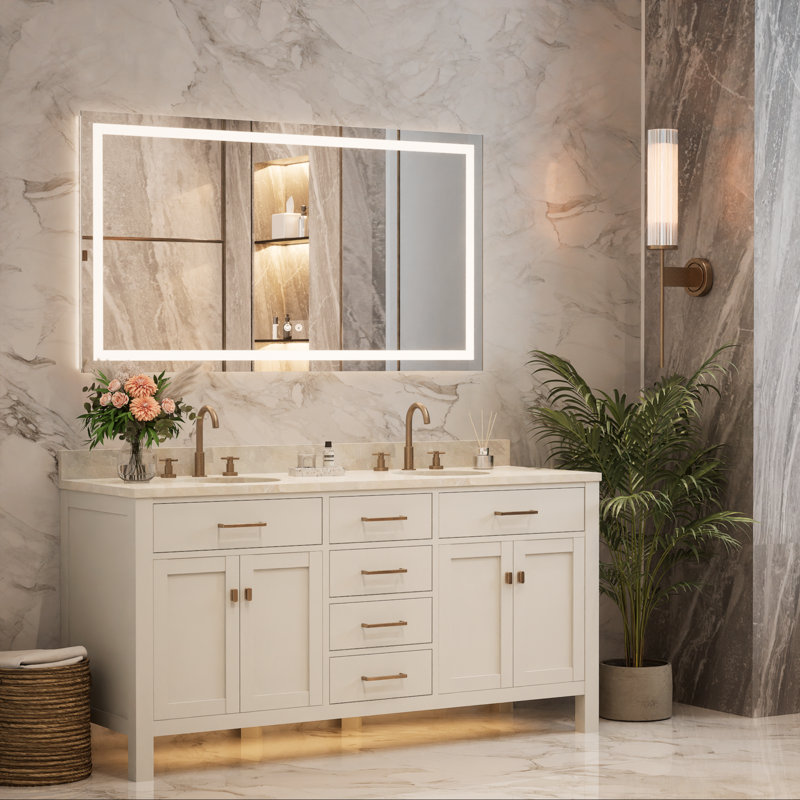 Miroir de meuble-lavabo à fixation murale avant et rétro-éclairé Cardier avec réglage en 3 couleurs, incassable, verre trempé