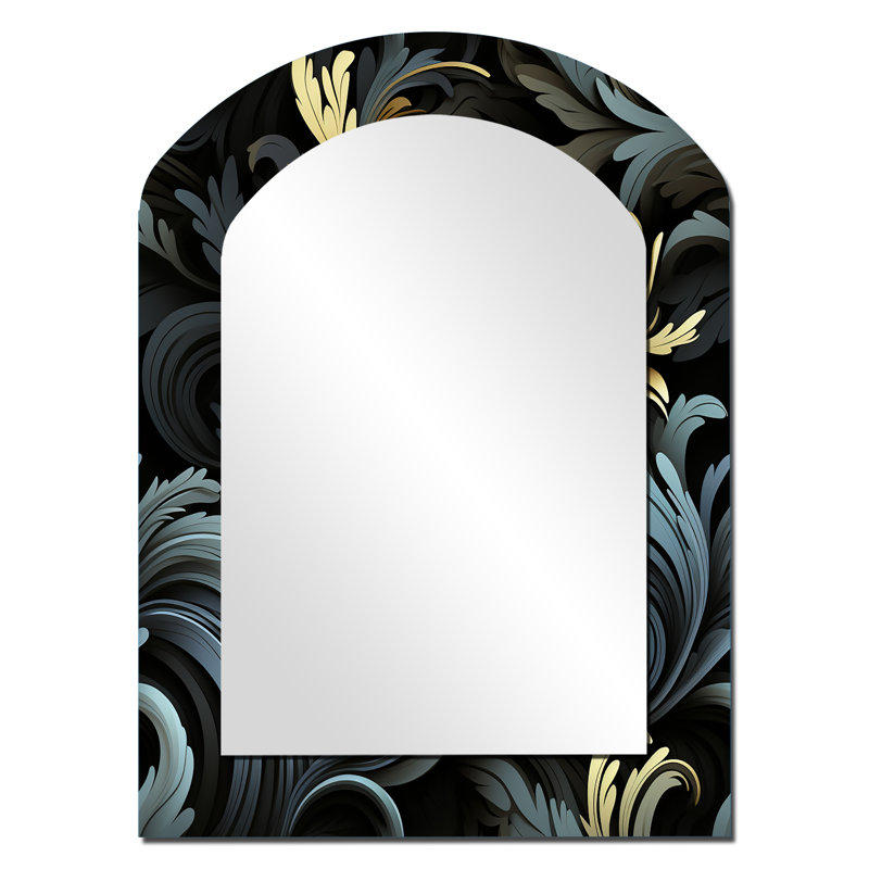 Shanaghy Paisley Black And Gold Elegant Ebony - Paisley Arch Decorative Wall Mirror, Glam Asymmetrical Mirror, Printed Metal Art