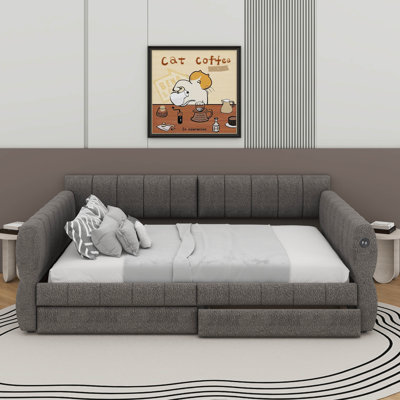 Queen Size Upholstered Platform Bed With USB And 2 Drawers