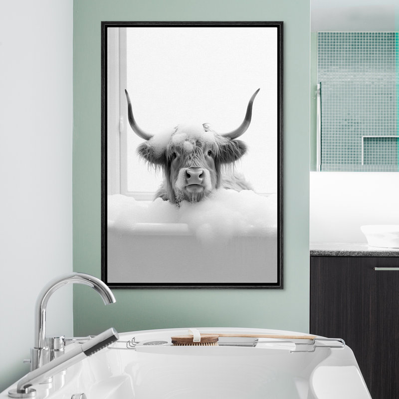 Shetland, "Vache moderne en noir et blanc dans la baignoire, image amusante d'un animal de bain" sur toile, Noir