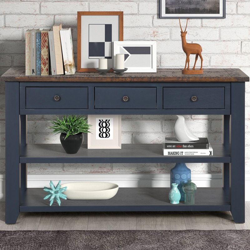 Console moderne en bois de pin massif avec 3 tiroirs et 2 tablettes, Brun, Bleu