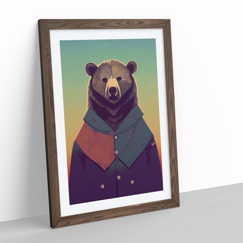 Bear With Jacket No.1 - Wall Art, 48cm H x 36cm W, Walnut Framed Paper, White