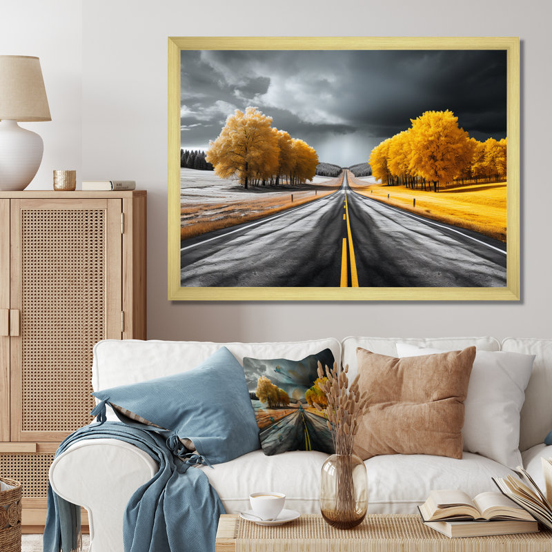 " Road Through Yellow White Forest II ", 34" H x 44" W x 1.5" D, Gold Single Picture Framed