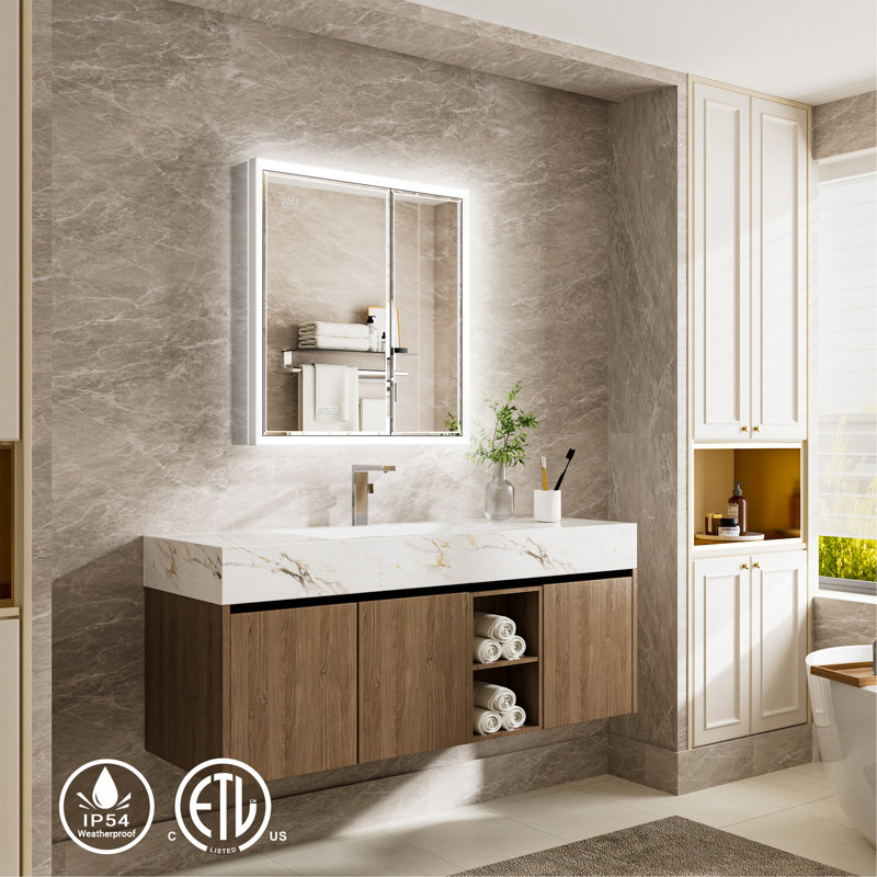 30X32" Beveled LED Medicine Cabinet With Anti-Fog Mirror – Surface/Recessed Mount, Dimmable Lights, Outlet, Clock & Sensor Light