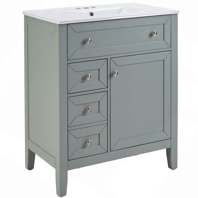 Meuble-lavabo en bois massif avec lavabo sous-comptoir en céramique - Glissières de tiroir à fermeture en douceur de 12 po, bac rabattable + tiroir simple + tiroir de rangement, tablette réglable, capacité de charge de 70 kg