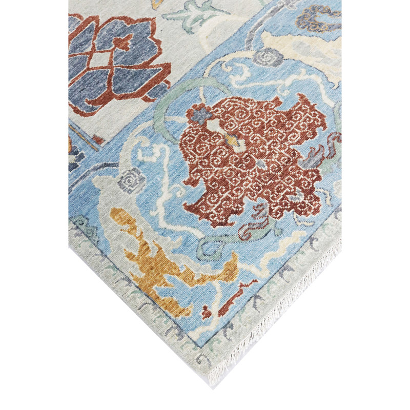 High-Quality Hand-Knotted Grey And Blue Area Rug, Rectangle 5' x 8'