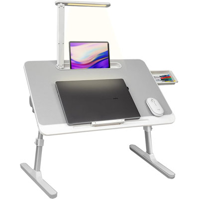  Bureau de lit d'ordinateur portable réglable avec lumière DEL et tiroir, support d'ordinateur portable pour lit, canapé, bureau, lecture - blanc