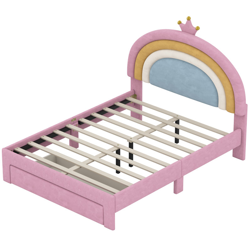 Lit simple pour enfant rose avec tête de lit arc-en-ciel et tiroir de rangement
