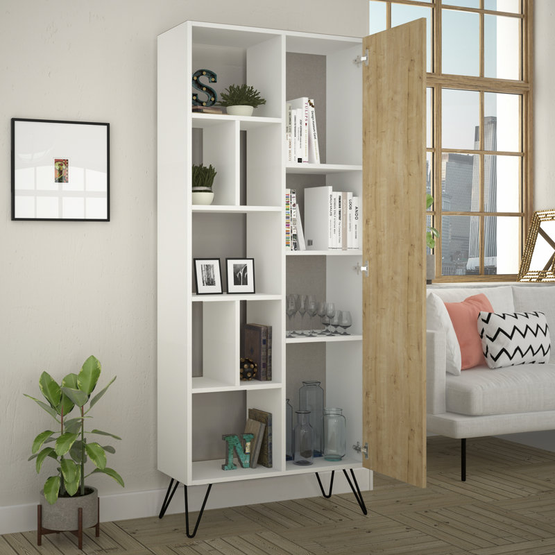 Mull Modern Bookcase with Metal Legs 7 Open 4 Closed Compartments, White/Oak