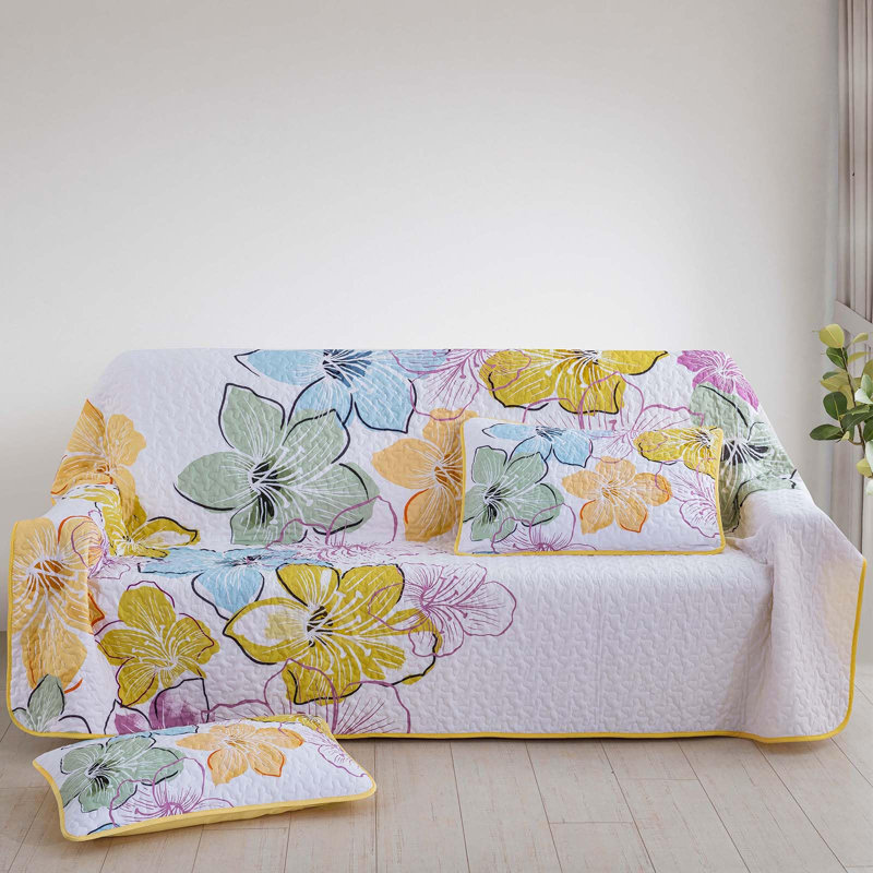 3 Piece Botanical Floral Quilt Set  with Pillow Shams Soft Lightweight Flower Bedding Set for All Season, Yellow/White