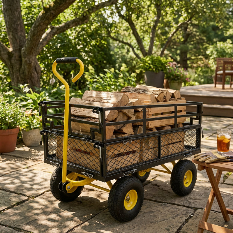 Chariot utilitaire de jardin tout-terrain robuste avec fonction de déversement et pneus gonflables