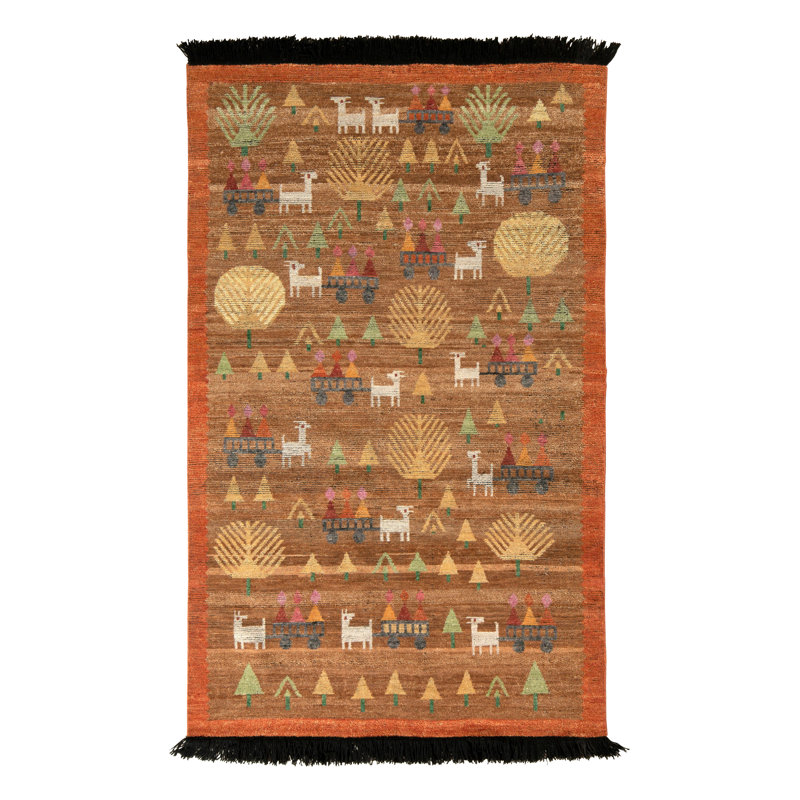 Rug & Kilim’S Scandinavian Folk Art Rug In Brown With Geometric Pictorials, Runner 3' x 14'