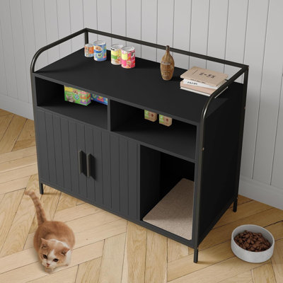 for All Kinds of Cats 37.5 " Modern Wooden Litter Box w/ Storage Rack, Multi-Functional Furniture-Style Litter Cabinet w/ Ventilation Hole/Side Entry