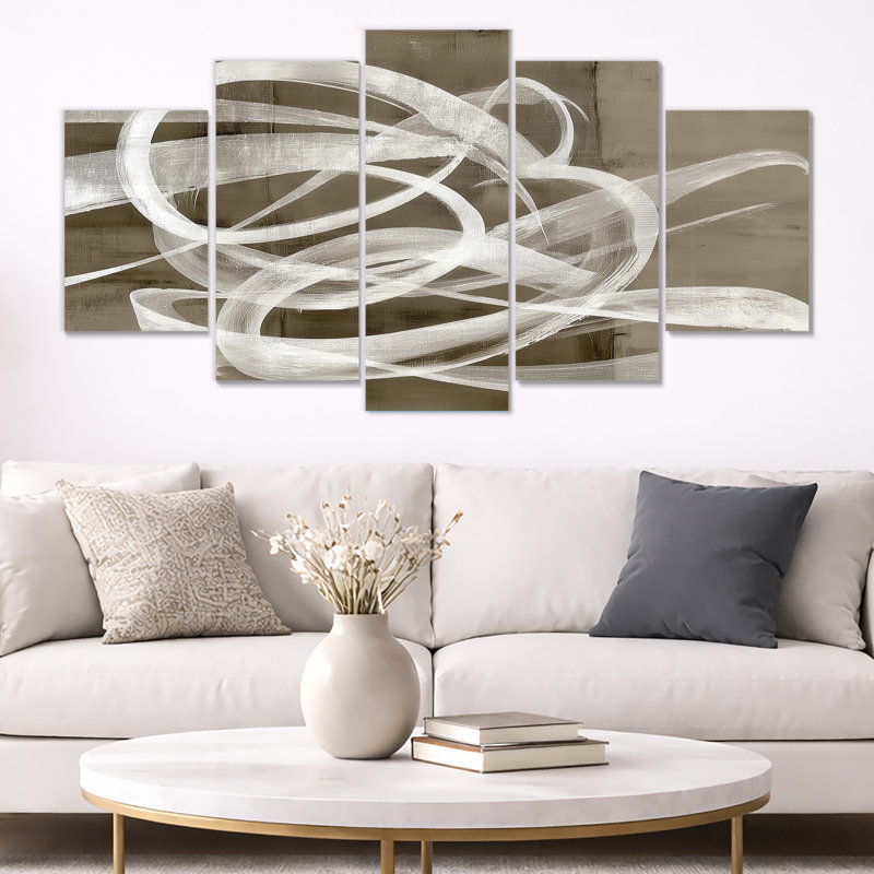«White Grey Abstract Modern Brush Swirl - Formes abstraites, impressions sur toile, ensemble d'art mural blanc sur toile de 5