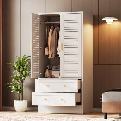65" Tall Wardrobe Closet with Louvered Double Doors, 2 Drawers and Hanging Rod, Freestanding Wooden Armoire Cabinet