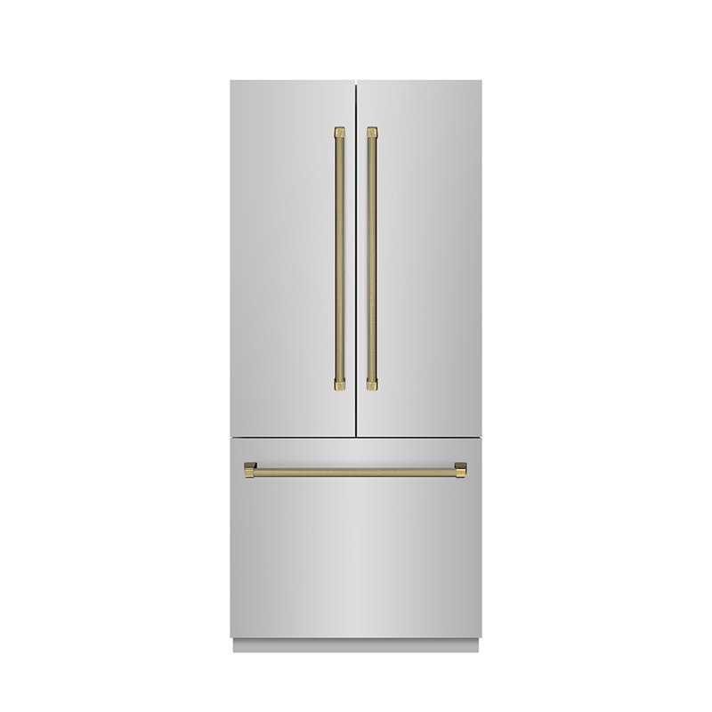 ZLINE Autograph 36 in. French Door Built-In Refrigerator w/ Gray Interior and Bronze Helix Handles, Champagne Bronze