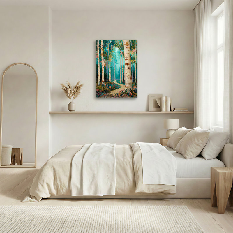 Tableau sur toile représentant des bouleaux le long d'un sentier sinueux dans une forêt turquoise, H 48 po x l 36 po