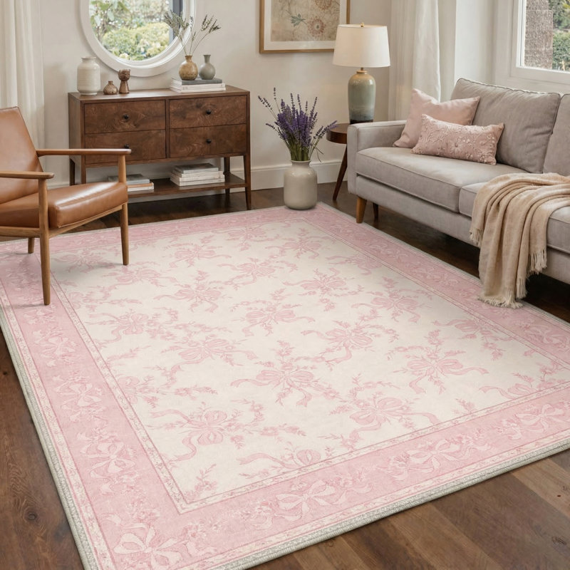 Atascadero Floral Pink Ribbon Bow Machine Washable Pink / Beige Indoor Area Rug with Non-Slip Backing, Rectangle 8' x 10'