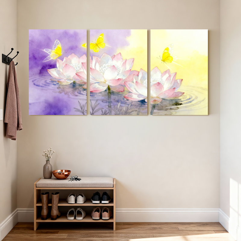 Ensemble de 3 tableaux muraux aquarelle sur toile tendue représentant des fleurs de lotus et des papillons, H 30 po x l 60 po