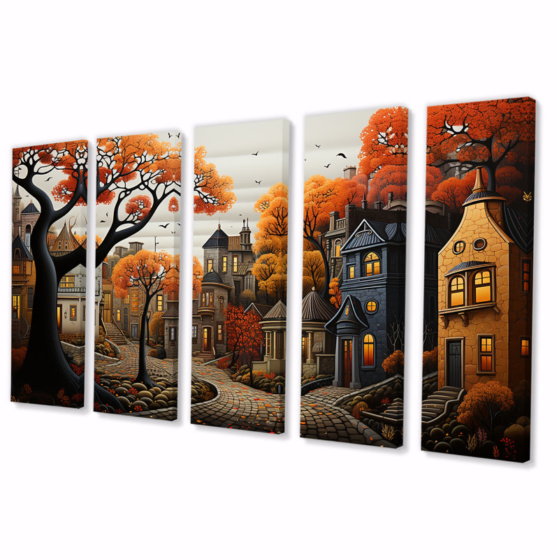 Cozy Village In Autumn Moonlit III - City Art Deco, art mural 5 pièces, H 32 po x l 80 po
