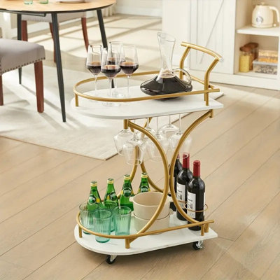White 2 Tier Rolling Kitchen Cart, Industrial Style Mobile Bar Serving Cart, Rolling Wine Cart For Kitchen, Beverage Bar Cart With Wine Rack And Glass Holder, Movable Drink Trolley For Living Room, Dinning Room