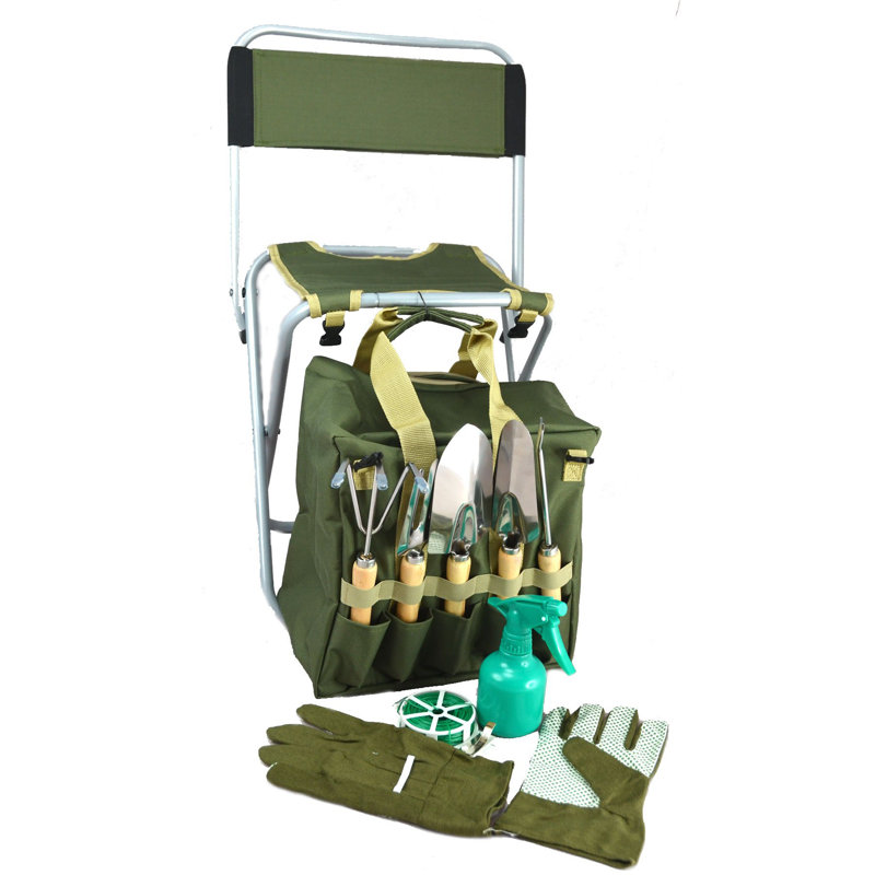 10-Piece Gardening Tool Set With Zippered Detachable Tote And Folding Stool Seat With Backrest